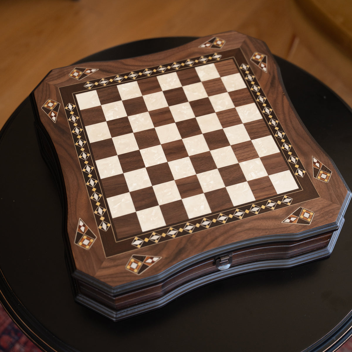 Walnut & Rosewood Inlaid Chess Set with Metal Pieces
