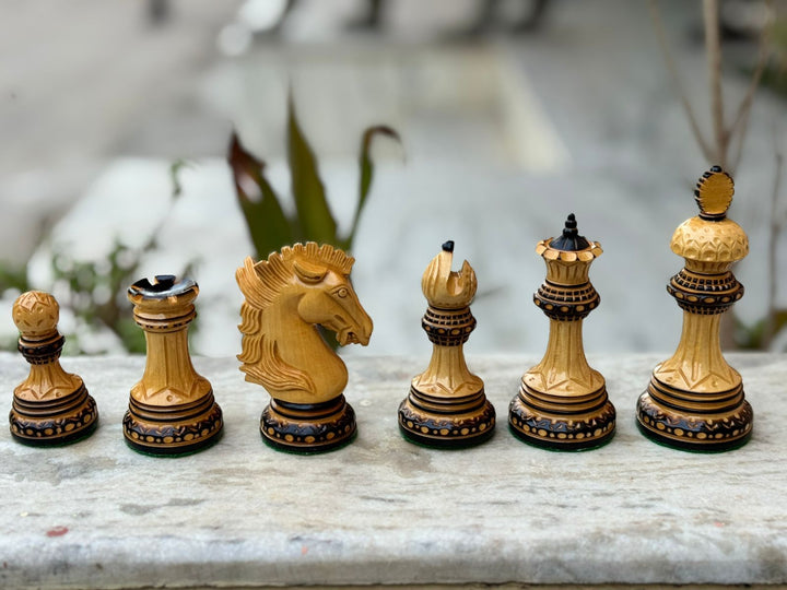 Alexandria Luxury Staunton Burnt Carved Chess Set- Chess Pieces Only - Triple Weighted - Lacquered Boxwood