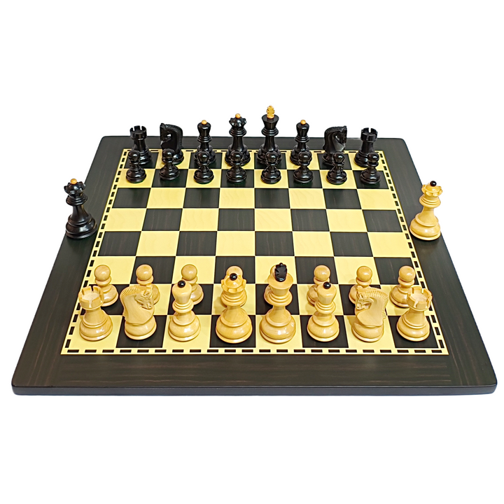 Russian Zagreb wooden chess set on a black and cream MDF board with pieces arranged for play.