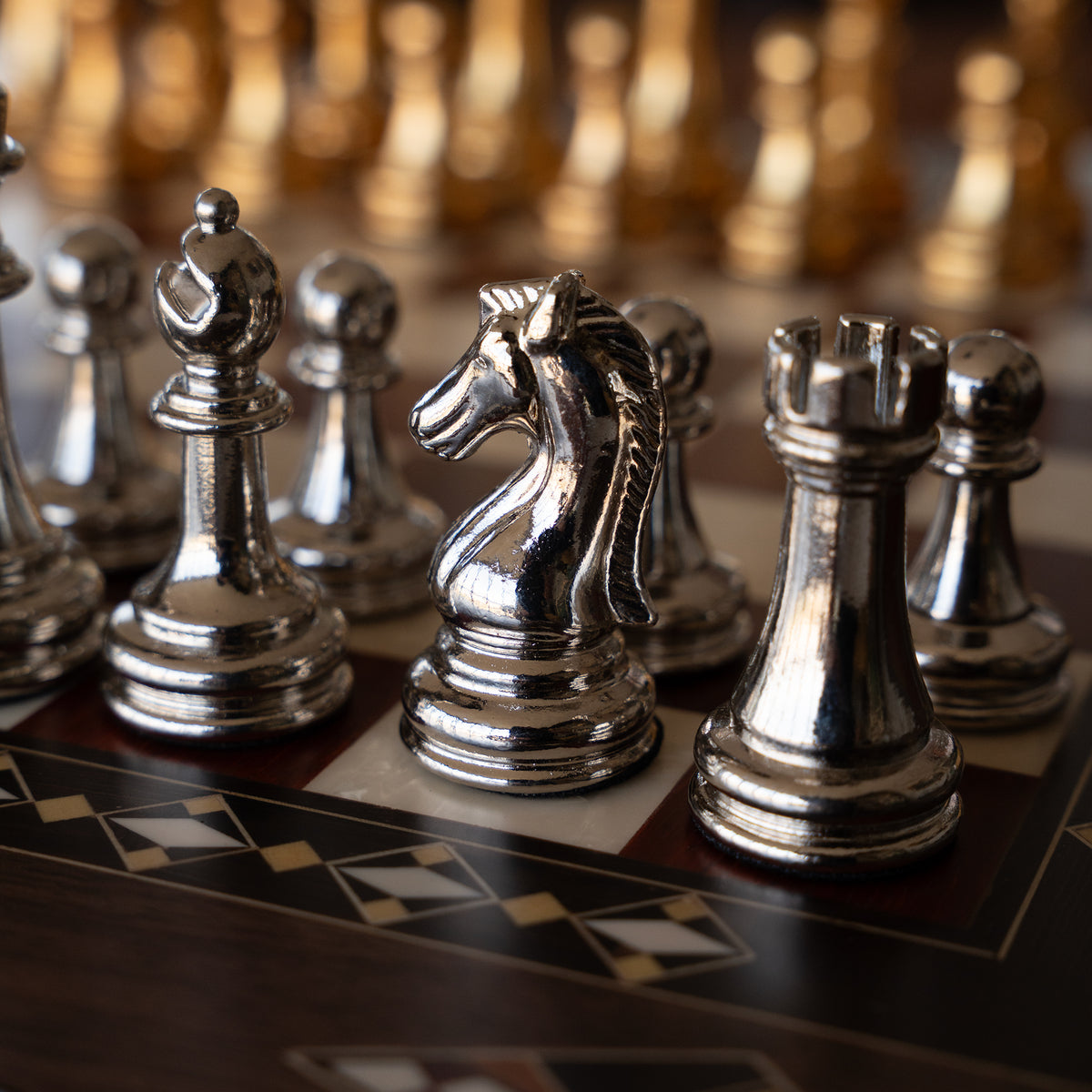 Walnut & Rosewood Inlaid Chess Set with Metal Pieces