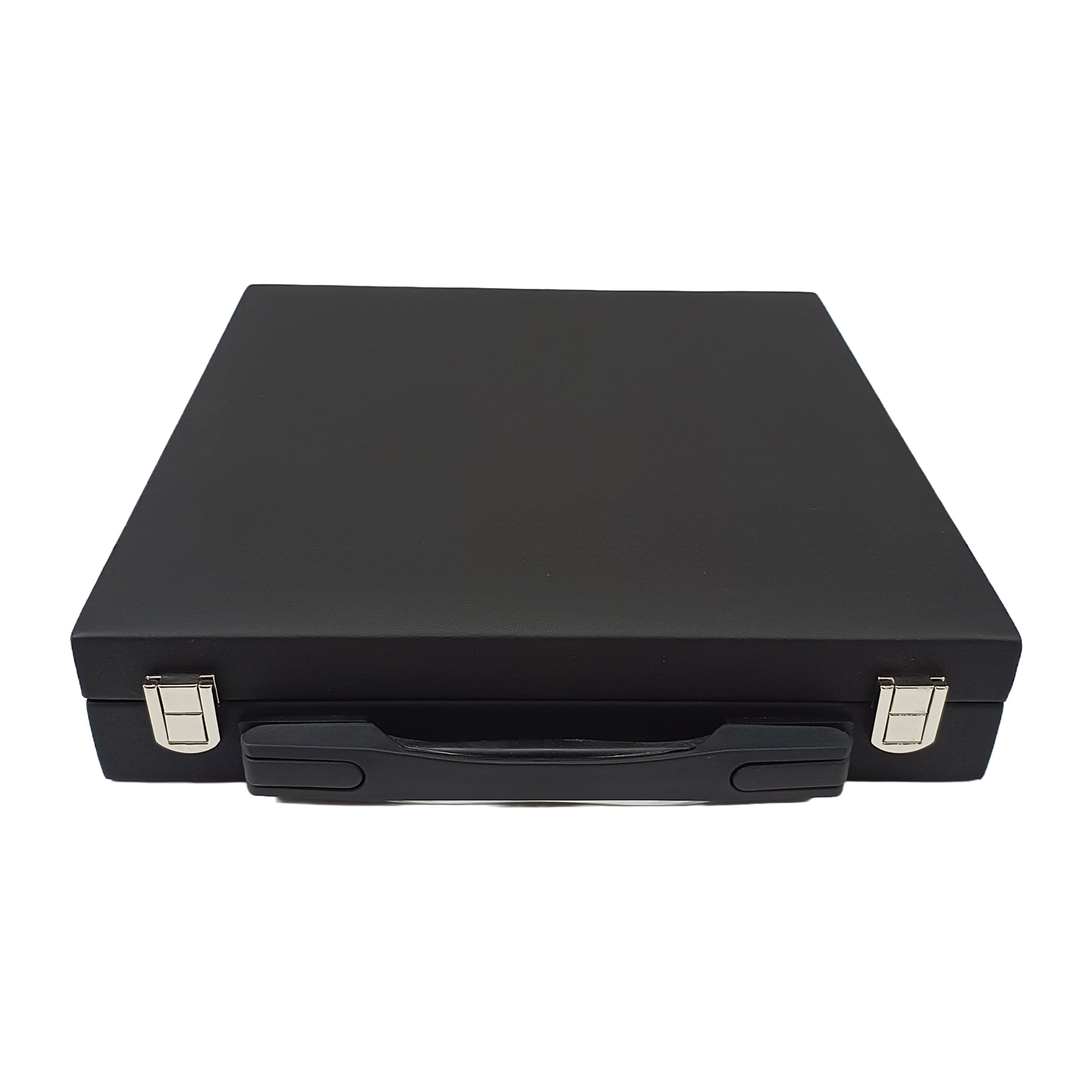 Black leatherette chess set case with handle and metal clasps, designed for durability and protection.