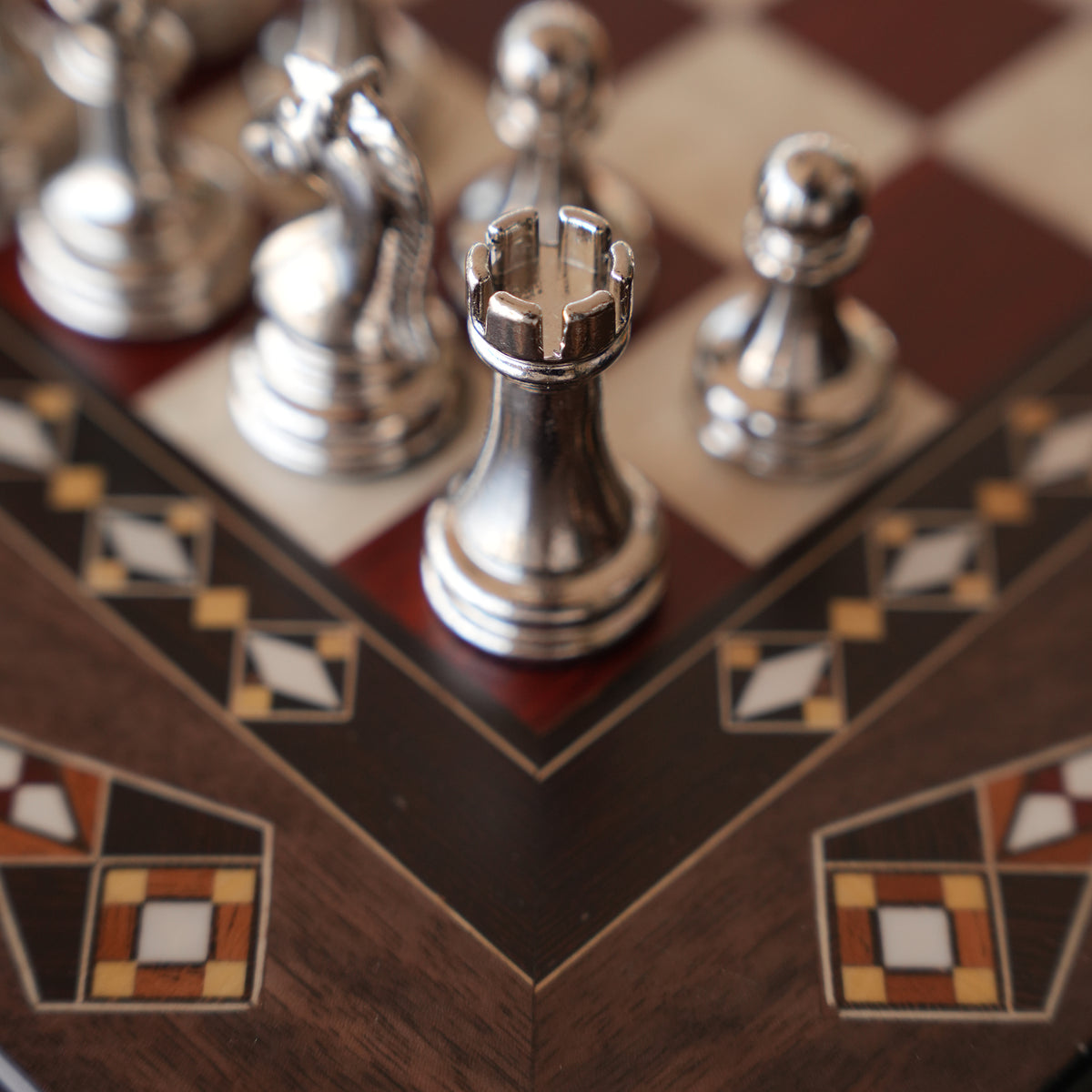 Walnut & Rosewood Inlaid Chess Set with Metal Pieces