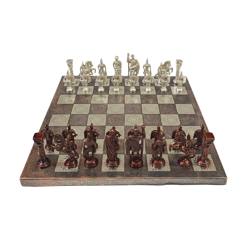 Roman soldiers themed brass chess set on a 14x14 inch chessboard with built-in leatherette storage.