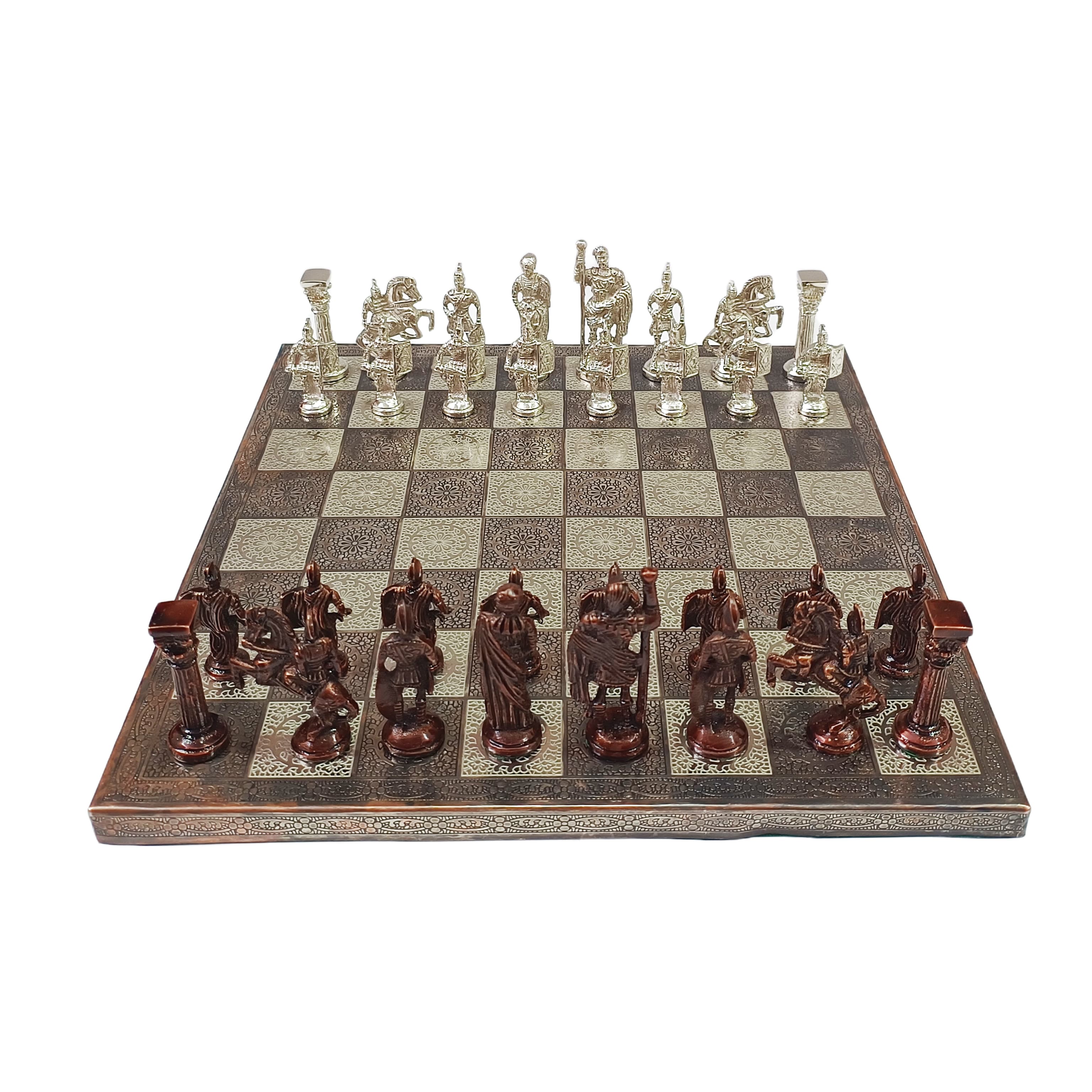 Roman soldiers themed brass chess set on a 14x14 inch chessboard with built-in leatherette storage.
