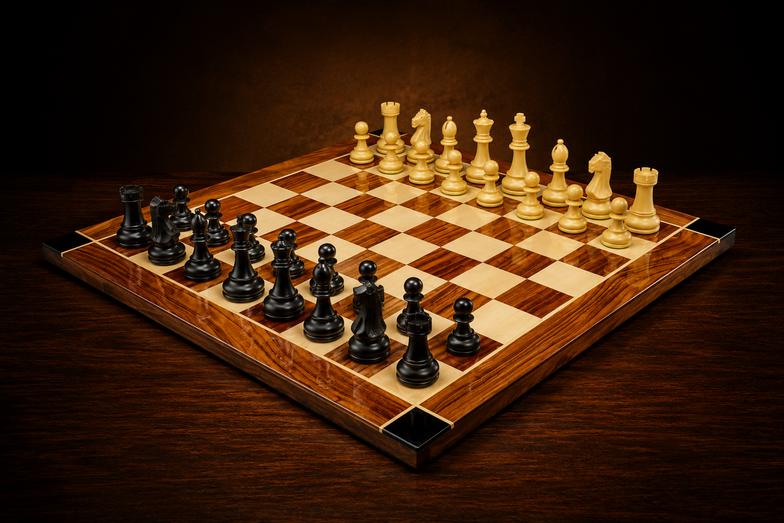 An elegant wooden chessboard with black and cream checkers arranged on a dark wooden surface against a dark brown background.