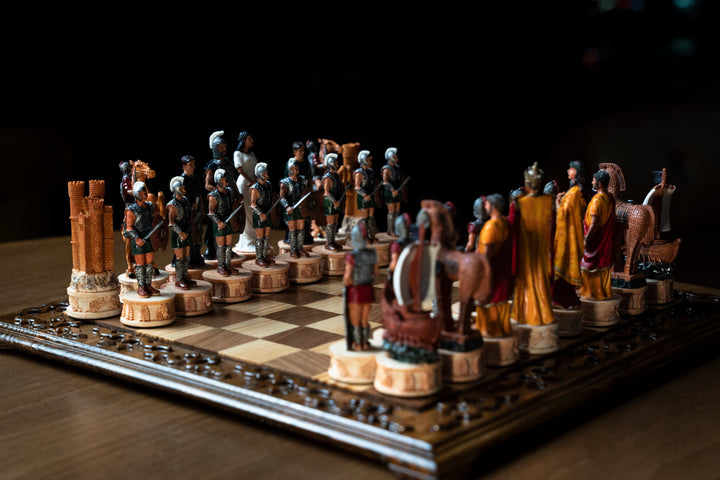 Hand Painted Mythological Trojans vs Romans Vintage Themed Chess Set