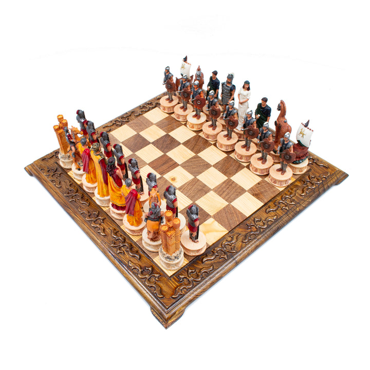 Hand Painted Mythological Trojans vs Romans Vintage Themed Chess Set