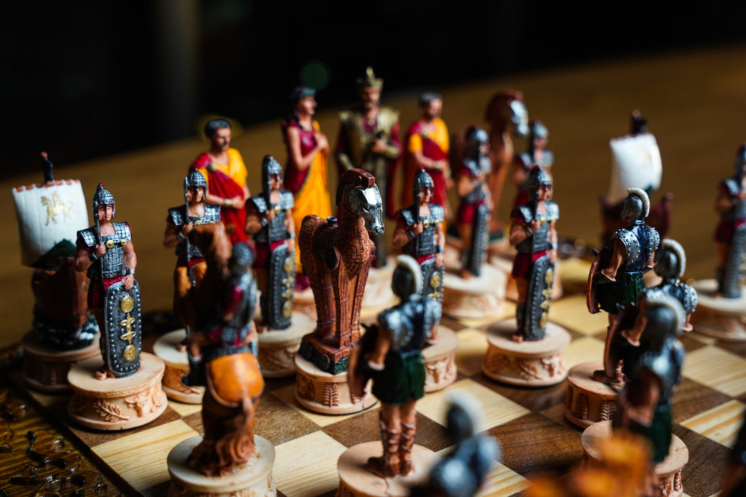 Hand Painted Mythological Trojans vs Romans Vintage Themed Chess Set