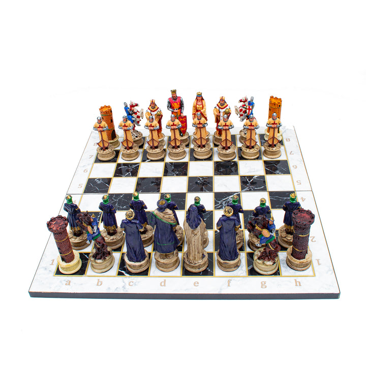 Ottoman and Crusaders hand painted themed chess set with foldable chess board