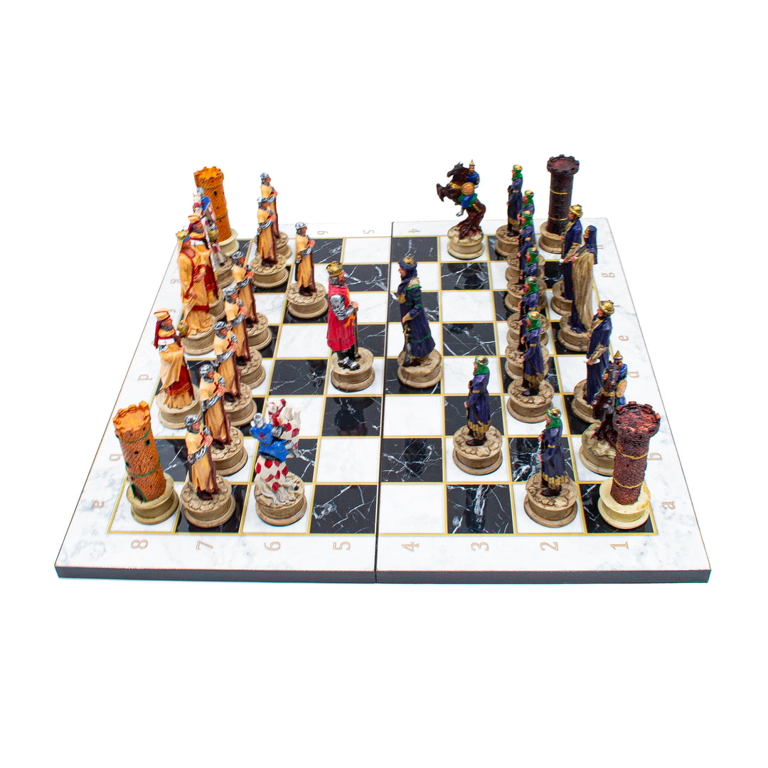 Ottoman and Crusaders hand painted themed chess set with foldable chess board