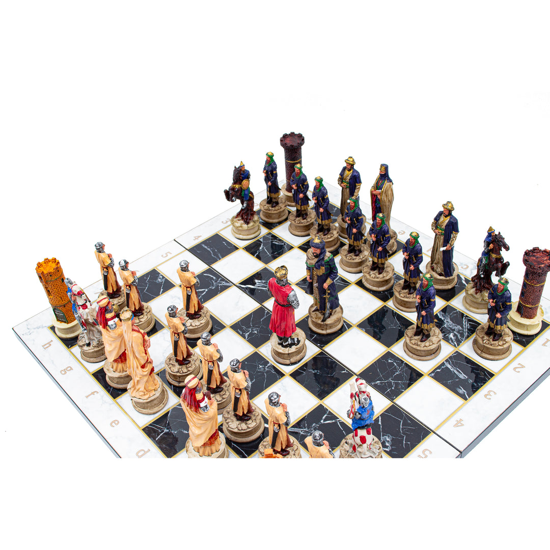 Ottoman and Crusaders hand painted themed chess set with foldable chess board