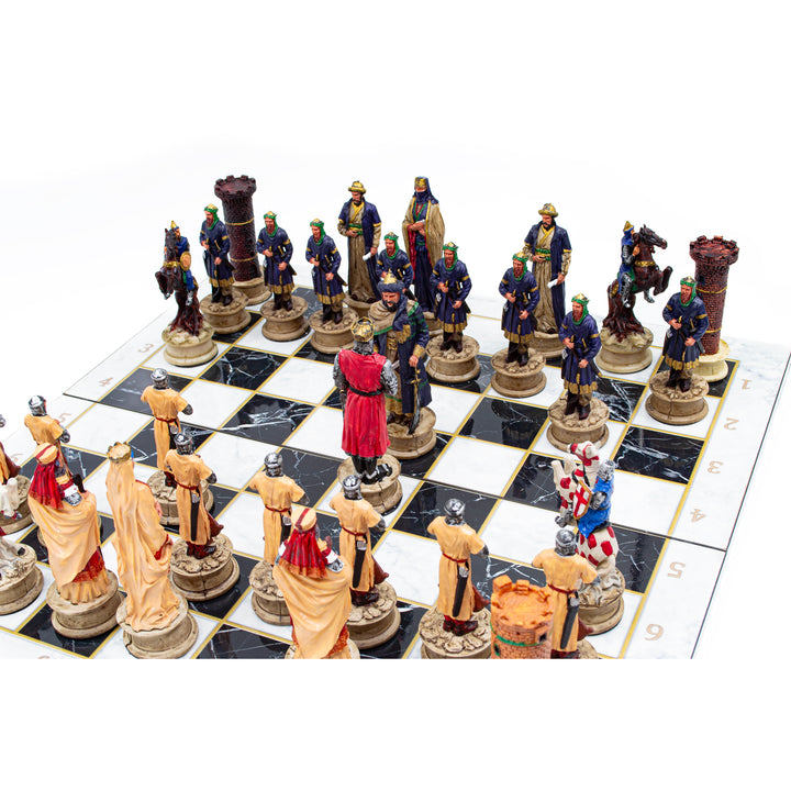 Ottoman and Crusaders hand painted themed chess set with foldable chess board