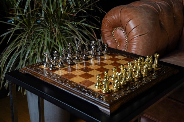 Hand Carved Walnut Luxury Chess Set with Classic Metal Chess Pieces