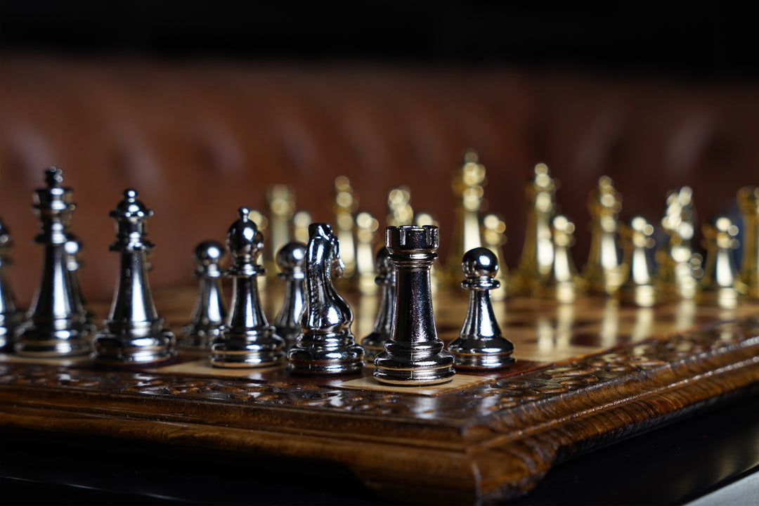 Hand Curved Walnut Chess Set with Classic Luxury Chess Pieces