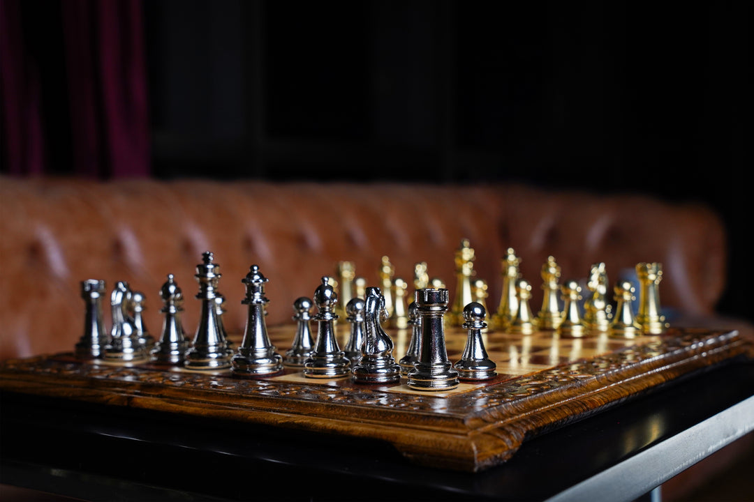 Hand Curved Walnut Chess Set with Classic Luxury Chess Pieces