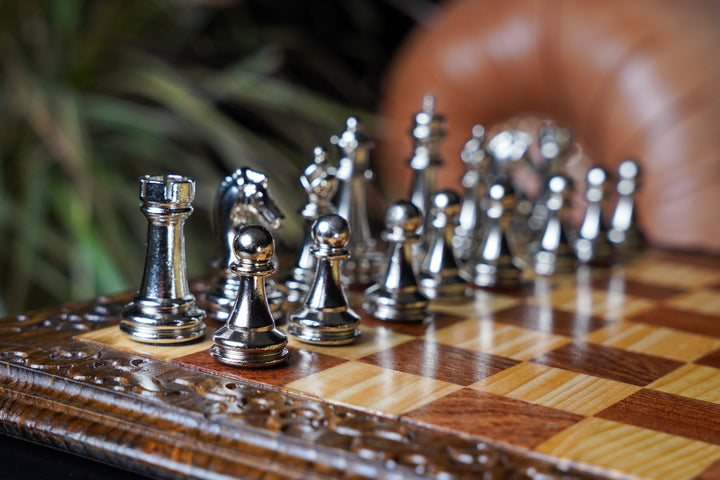 Hand Curved Walnut Chess Set with Classic Luxury Chess Pieces