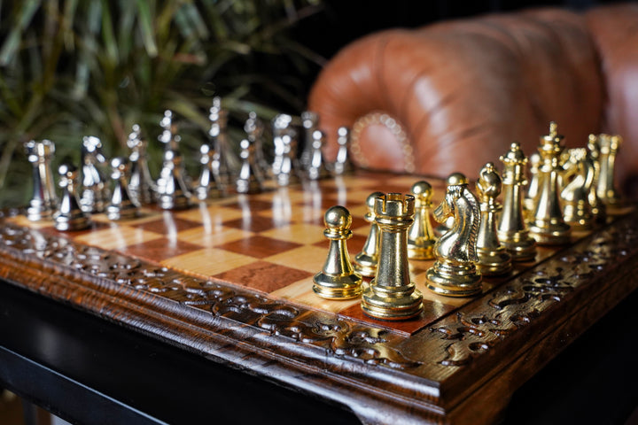 Hand Curved Walnut Chess Set with Classic Luxury Chess Pieces