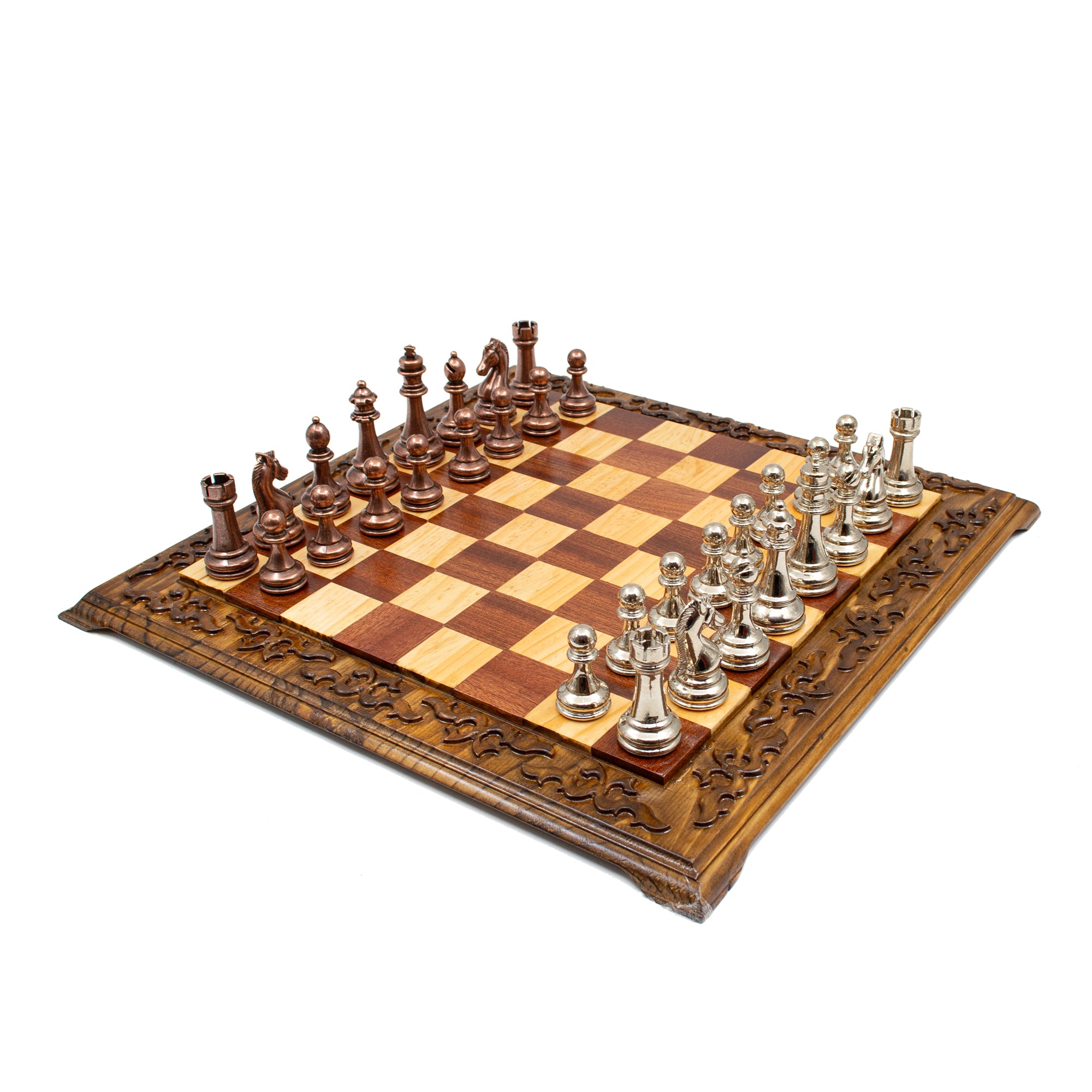 Hand Carved Walnut Luxury Chess Set with Classic Metal Chess Pieces - My Chess Sets