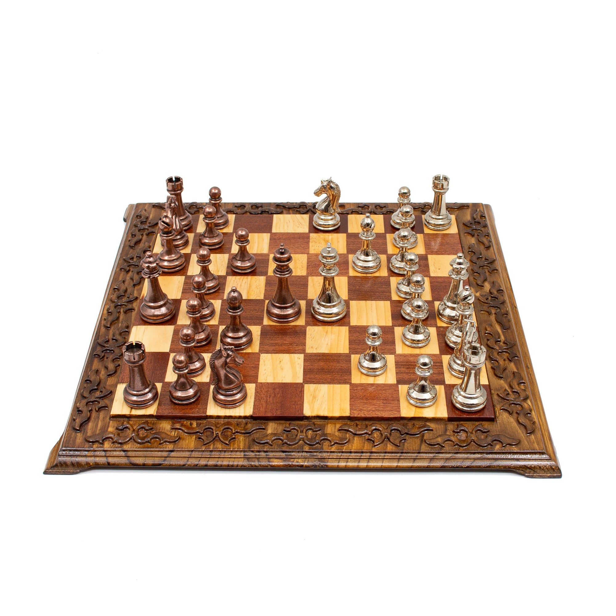 Hand Carved Walnut Luxury Chess Set with Classic Metal Chess Pieces - My Chess Sets