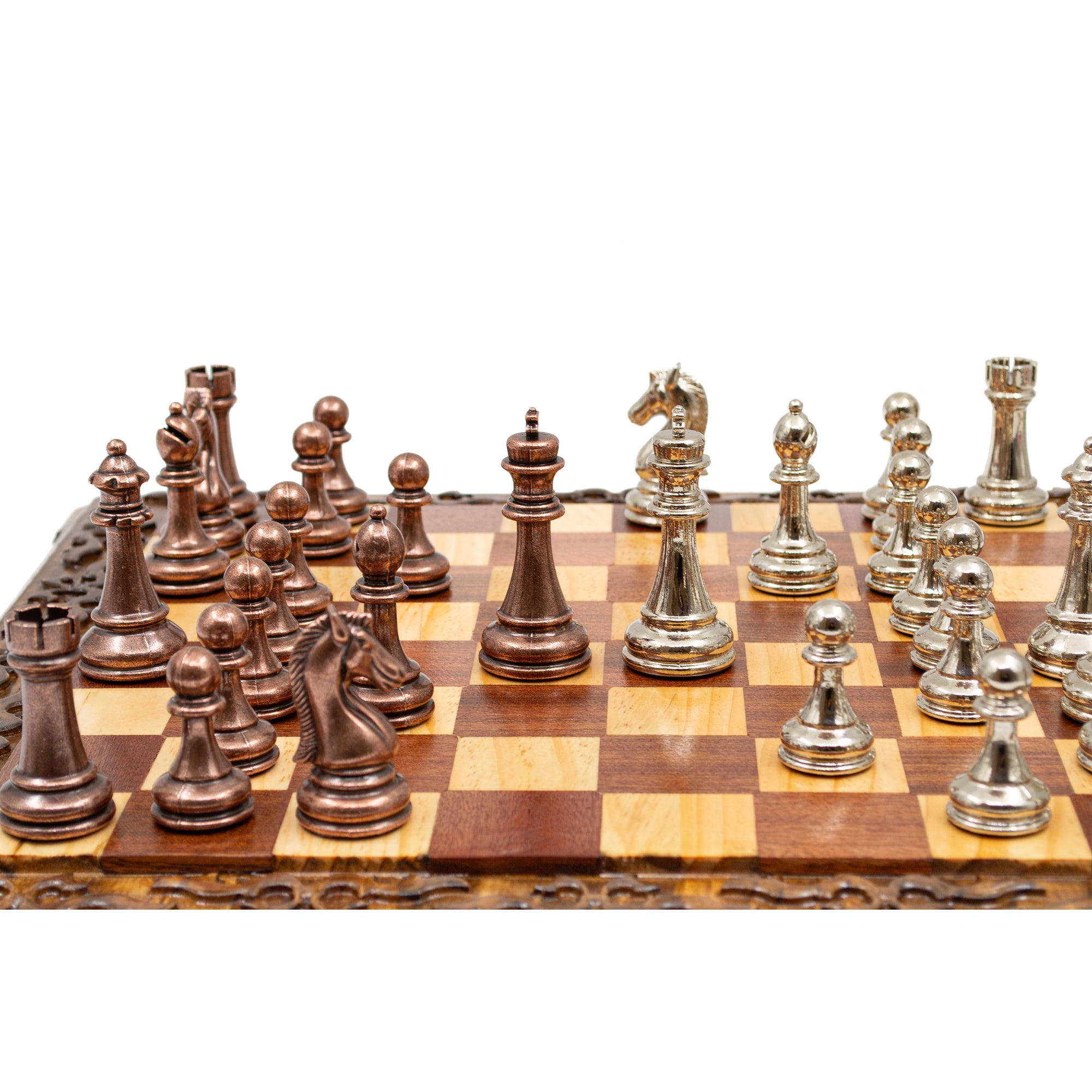 Hand Carved Walnut Luxury Chess Set with Classic Metal Chess Pieces - My Chess Sets