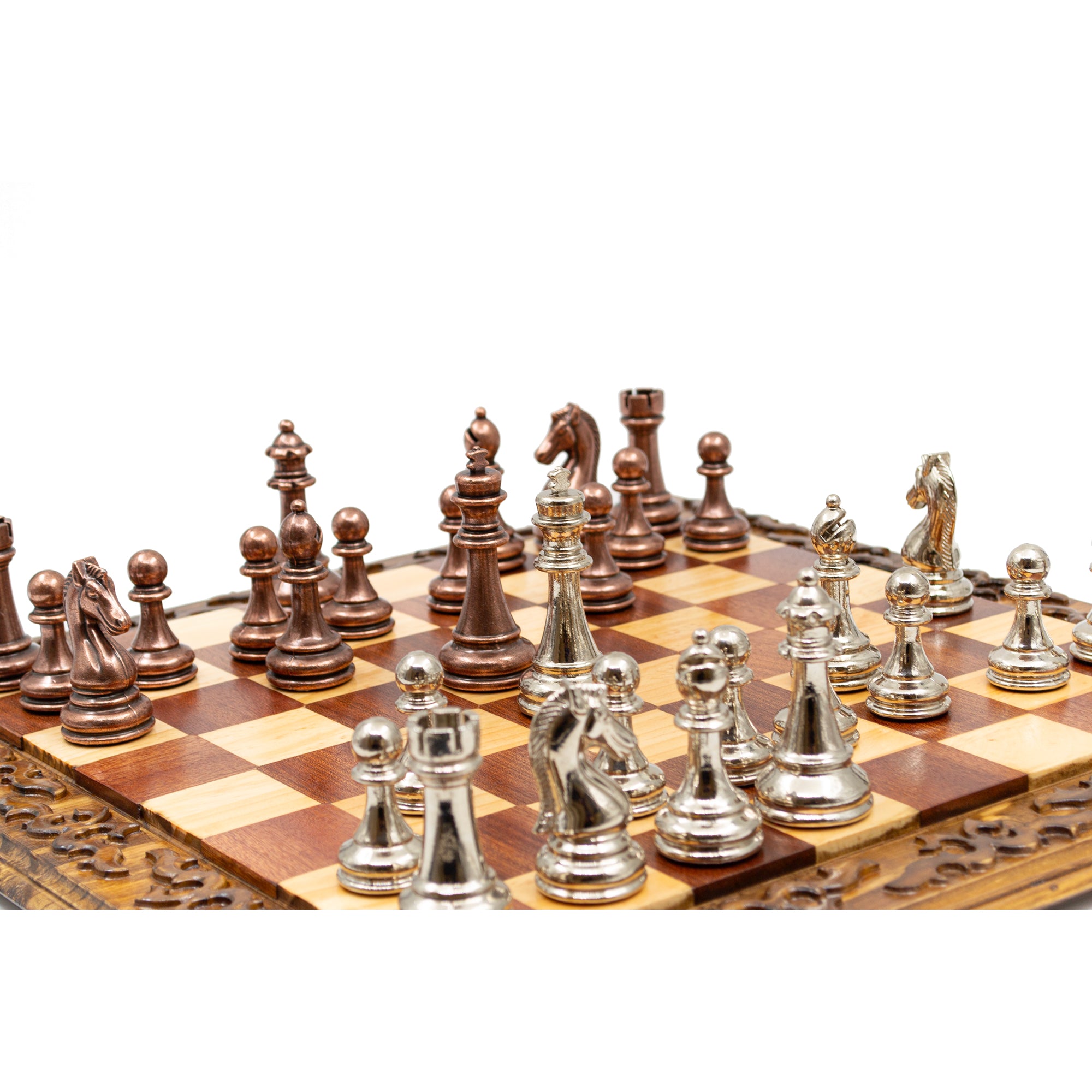 Hand Carved Walnut Luxury Chess Set with Classic Metal Chess Pieces - My Chess Sets