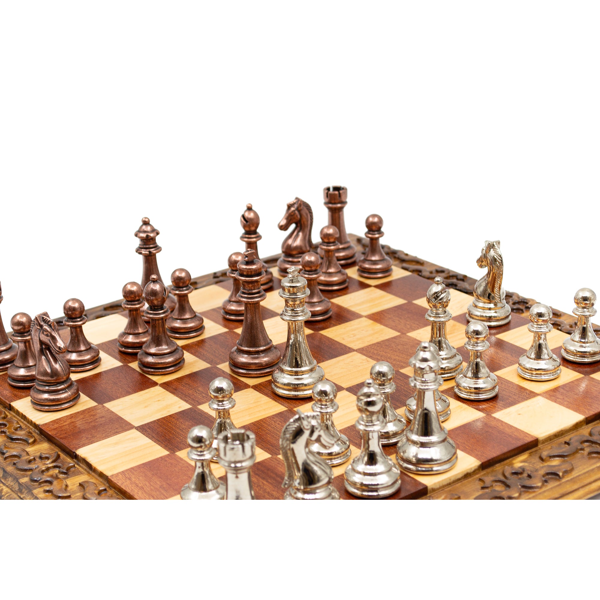 Hand Carved Walnut Luxury Chess Set with Classic Metal Chess Pieces - My Chess Sets