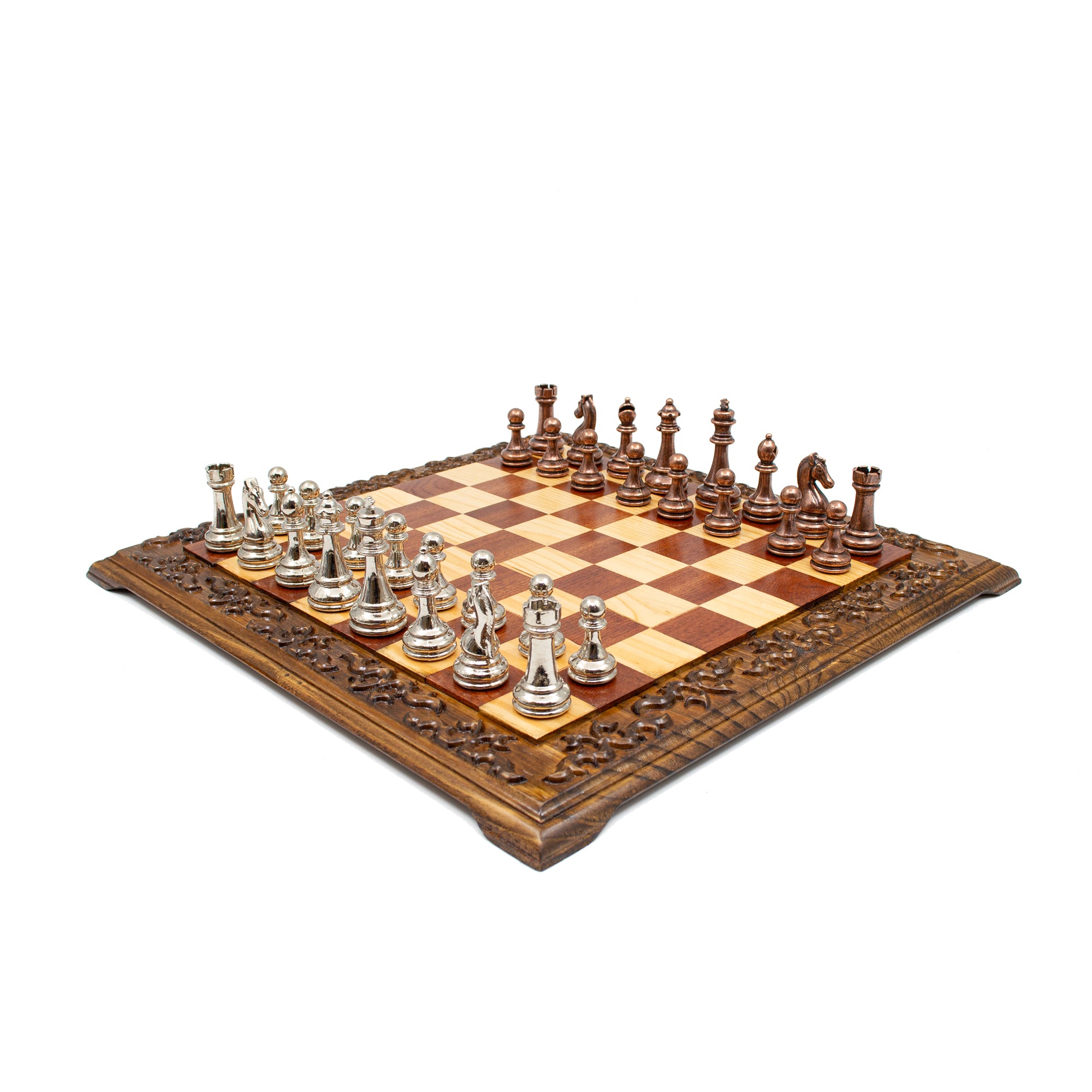 Hand Carved Walnut Luxury Chess Set with Classic Metal Chess Pieces - My Chess Sets