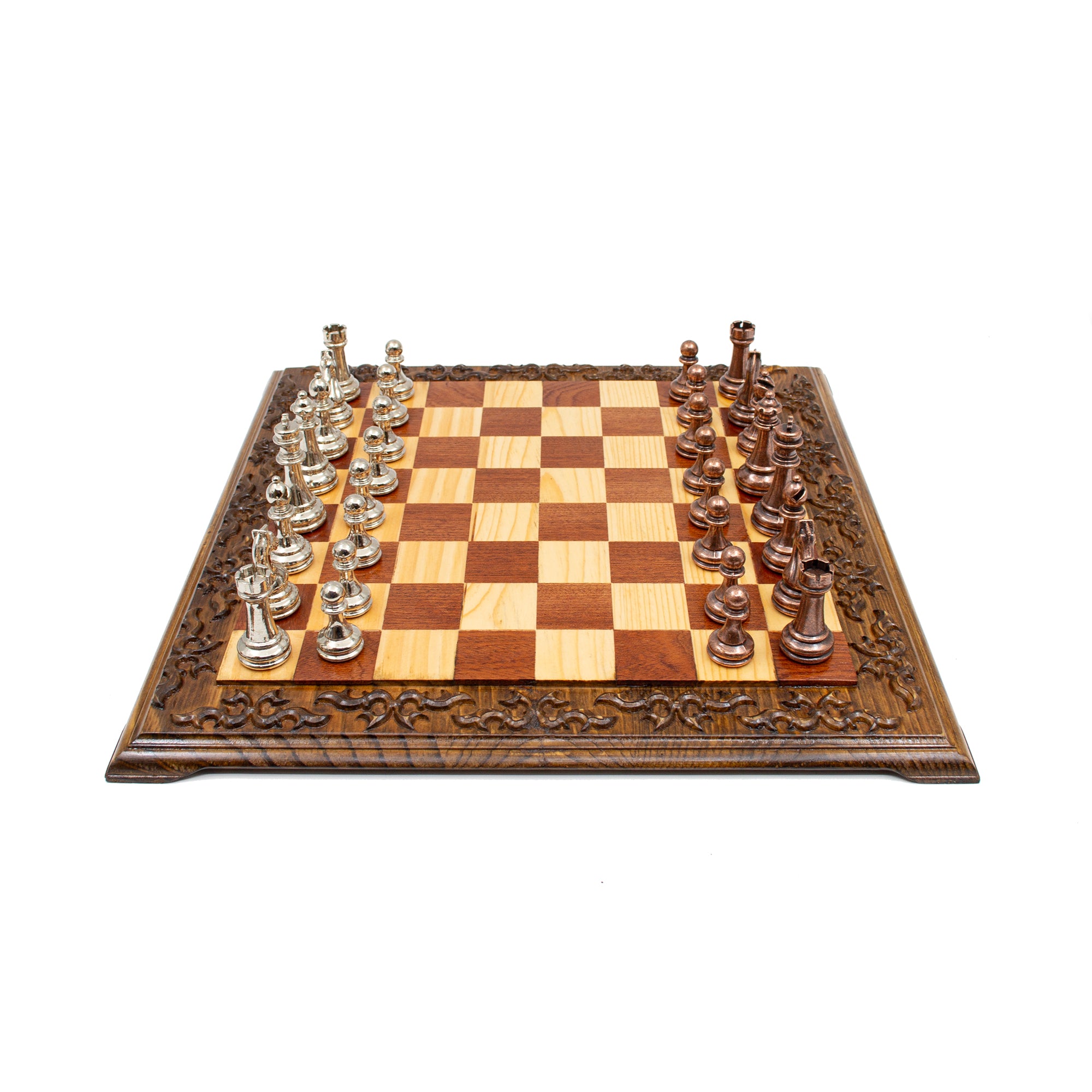 Hand Carved Walnut Luxury Chess Set with Classic Metal Chess Pieces - My Chess Sets