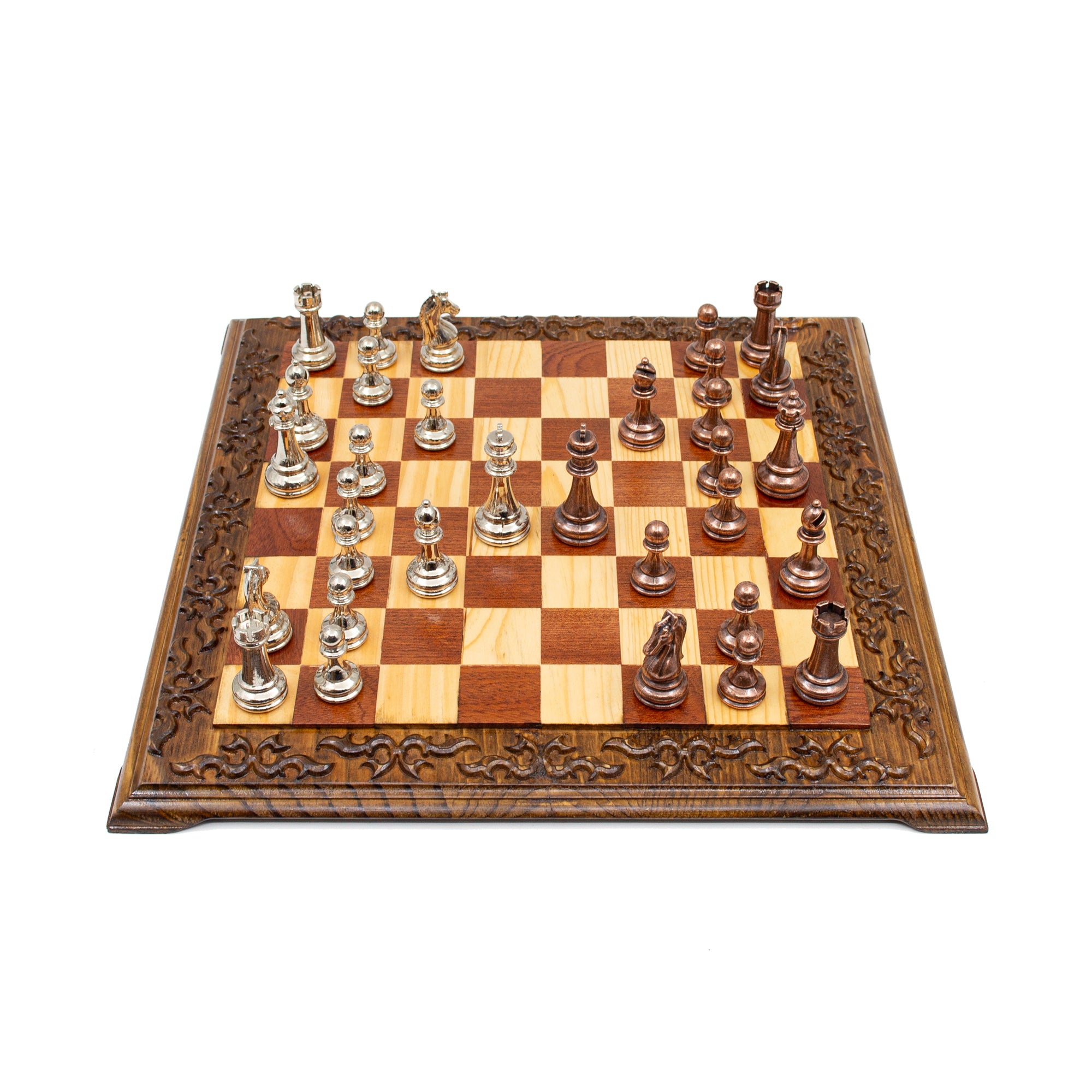 Hand Carved Walnut Luxury Chess Set with Classic Metal Chess Pieces - My Chess Sets