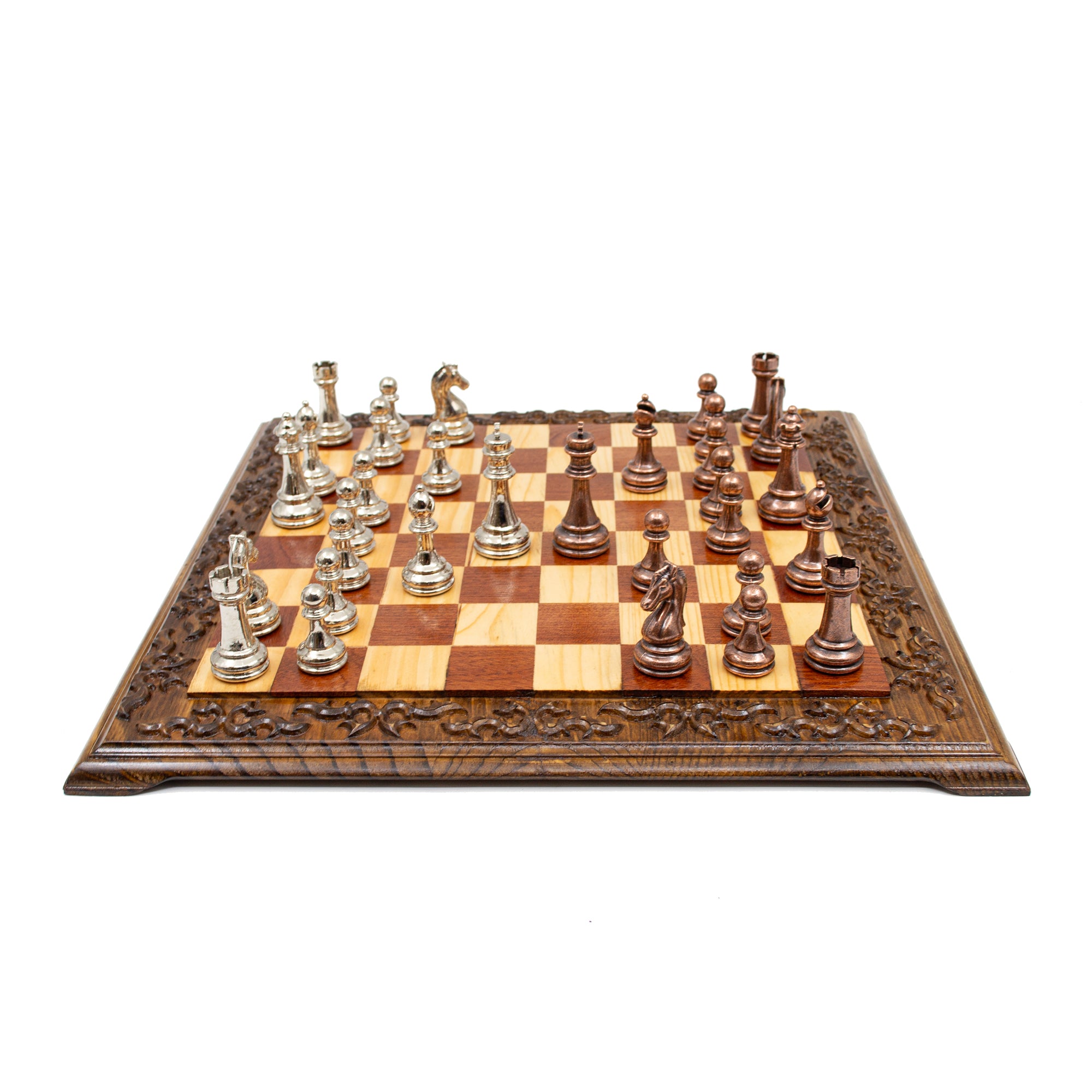 Hand Carved Walnut Luxury Chess Set with Classic Metal Chess Pieces - My Chess Sets