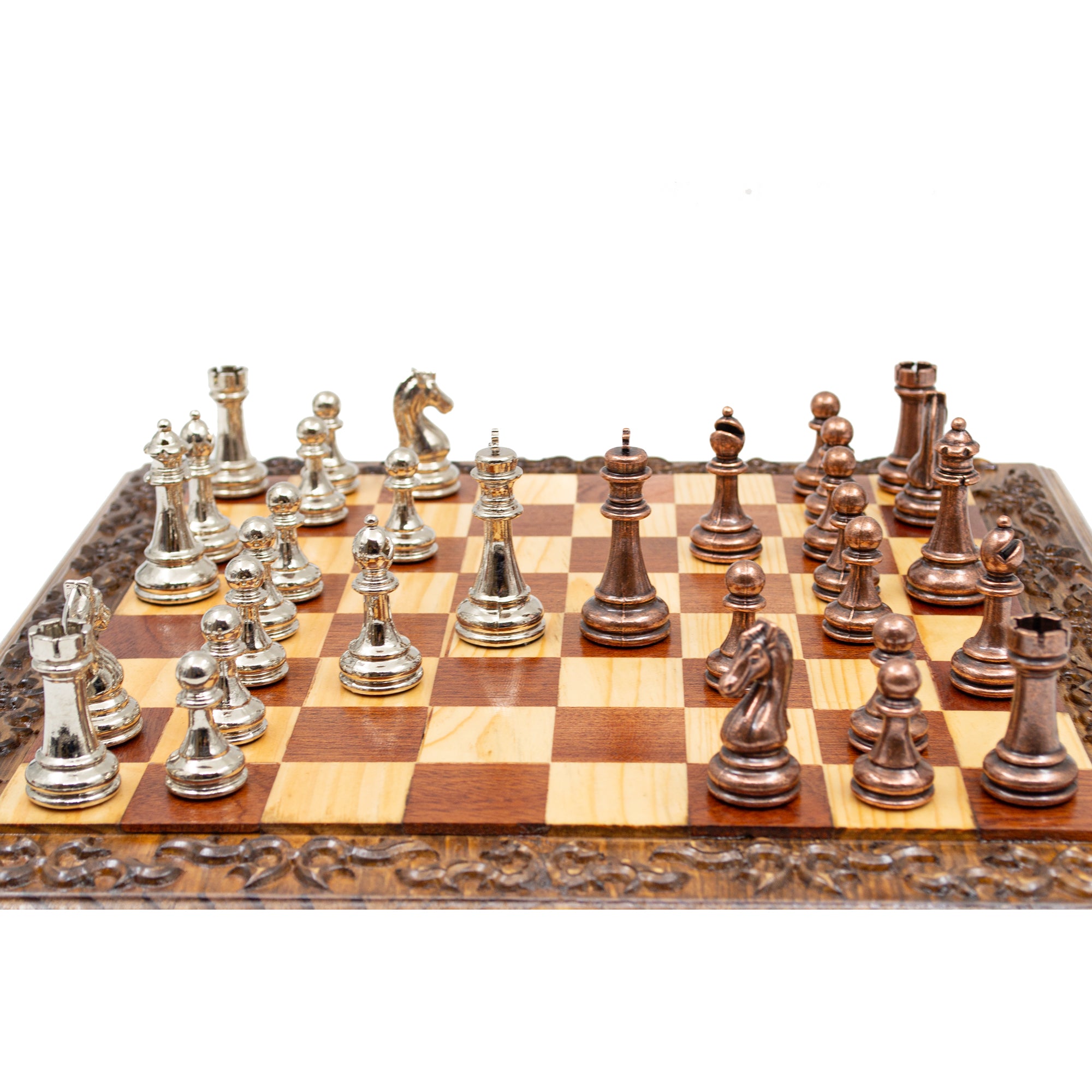 Hand Carved Walnut Luxury Chess Set with Classic Metal Chess Pieces - My Chess Sets
