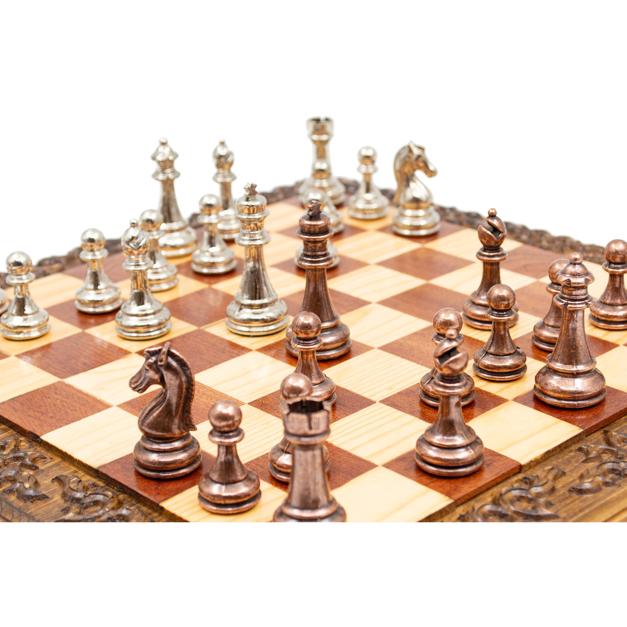 Hand Carved Walnut Luxury Chess Set with Classic Metal Chess Pieces - My Chess Sets