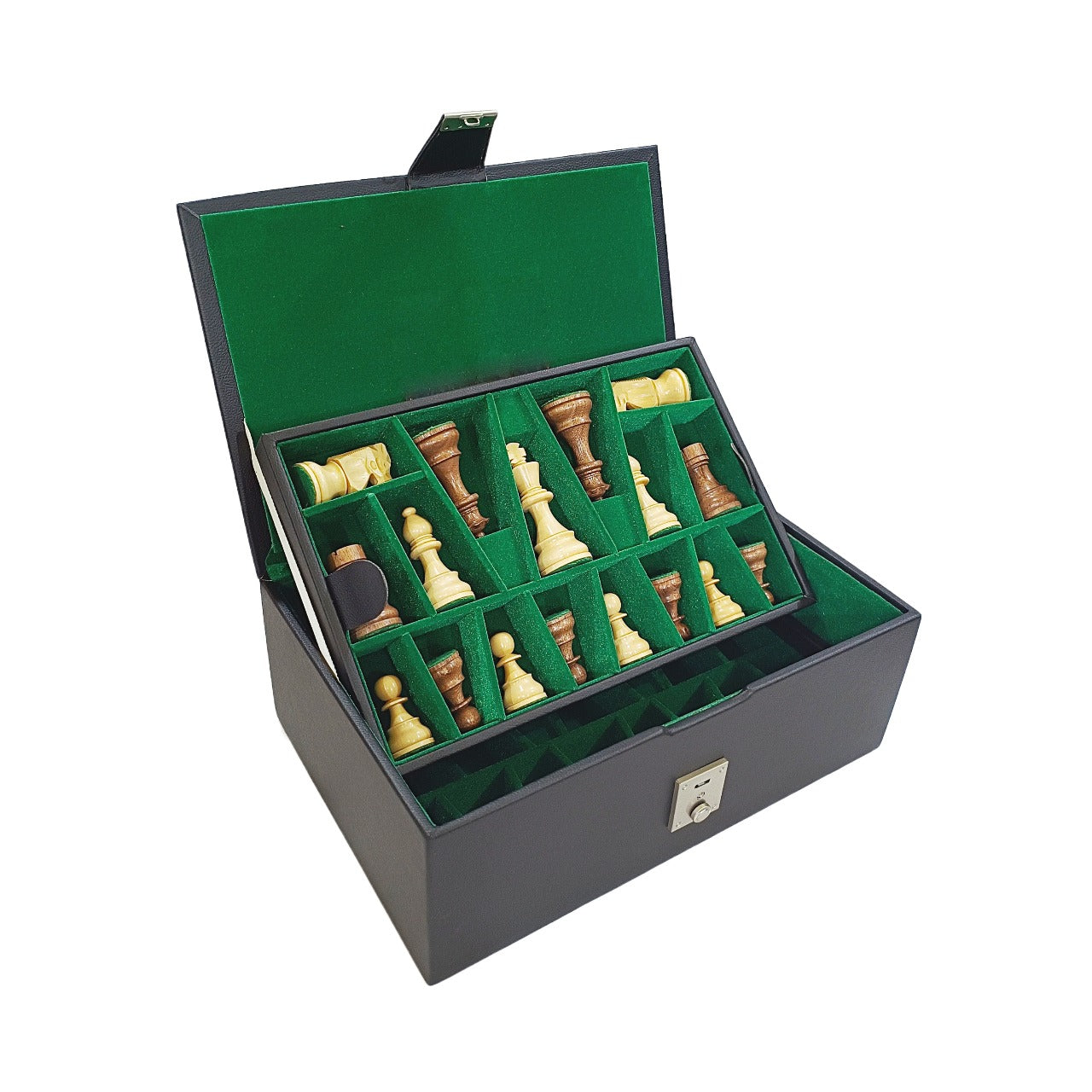 Leatherette chess storage box with green interior, showcasing chess pieces organized in dual trays.