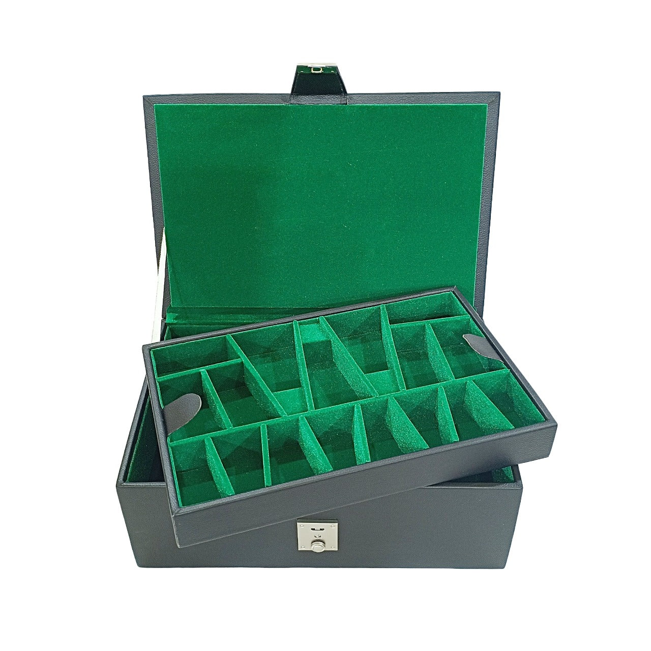 Leatherette chess storage box with dual tray design, green felt interior, and multiple compartments.