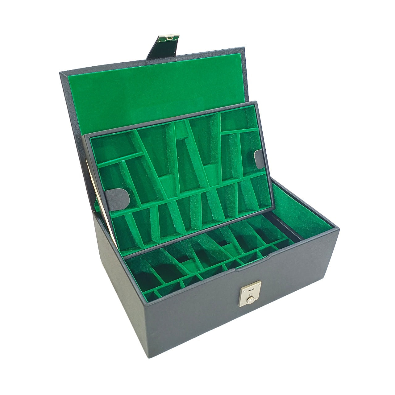 Leatherette chess storage box with dual tray design, open, green velvet interior, 9x14x5 inches, fits 4-inch king.