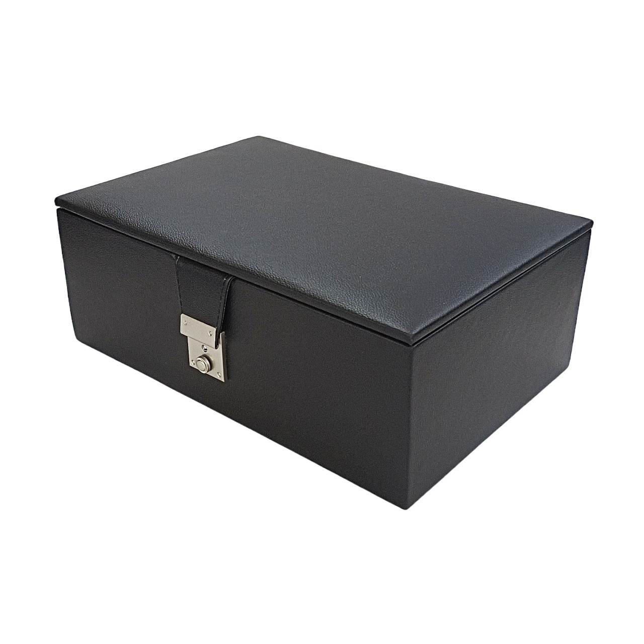 Leatherette chess storage box with dual tray design, black exterior and silver latch, dimensions 9 x 14 x 5 inches.