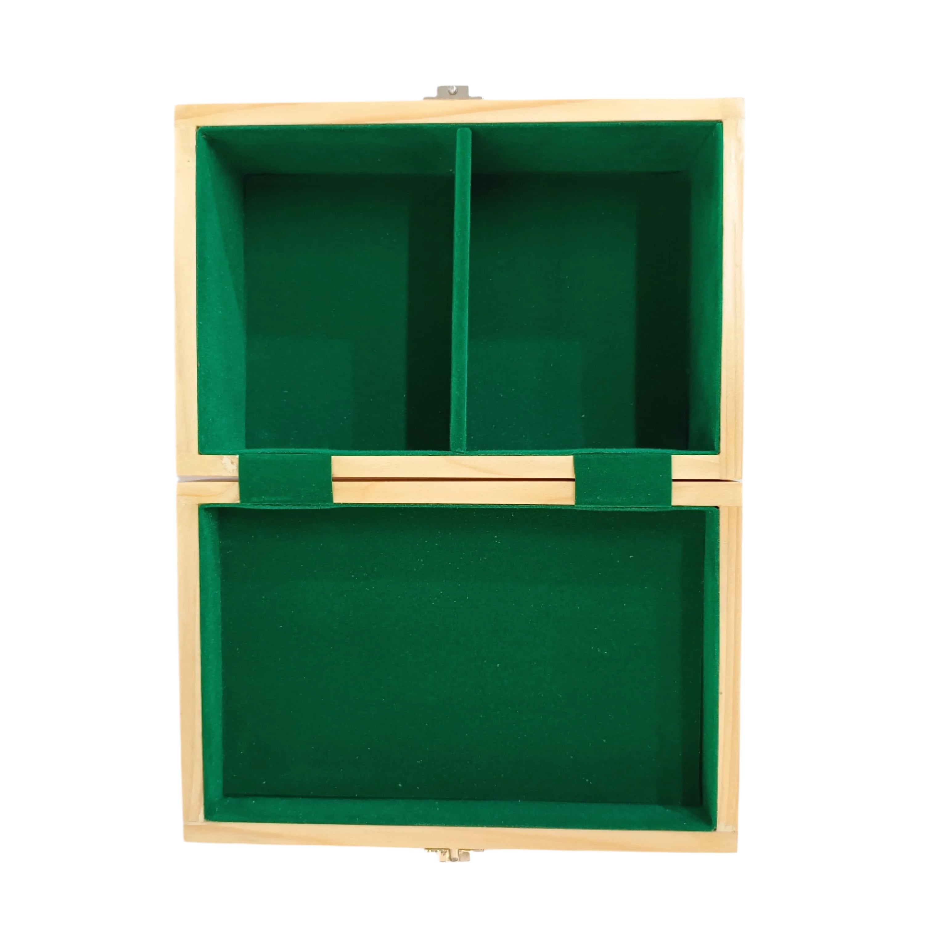 Pine wood chess storage box with green velvet interior, featuring two compartments and a hinged top for easy access.