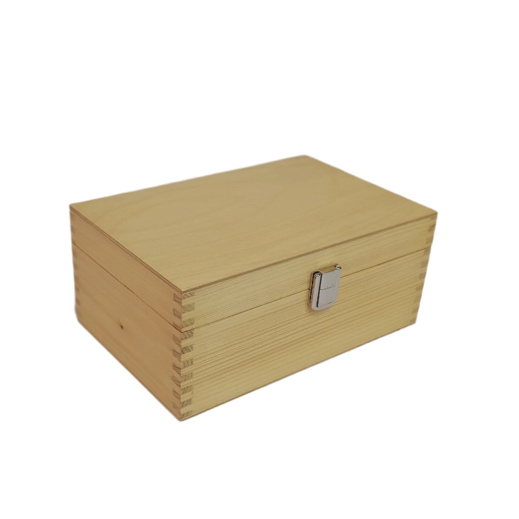 Pine wood chess storage box with a silver latch and smooth finish, featuring a simple design.
