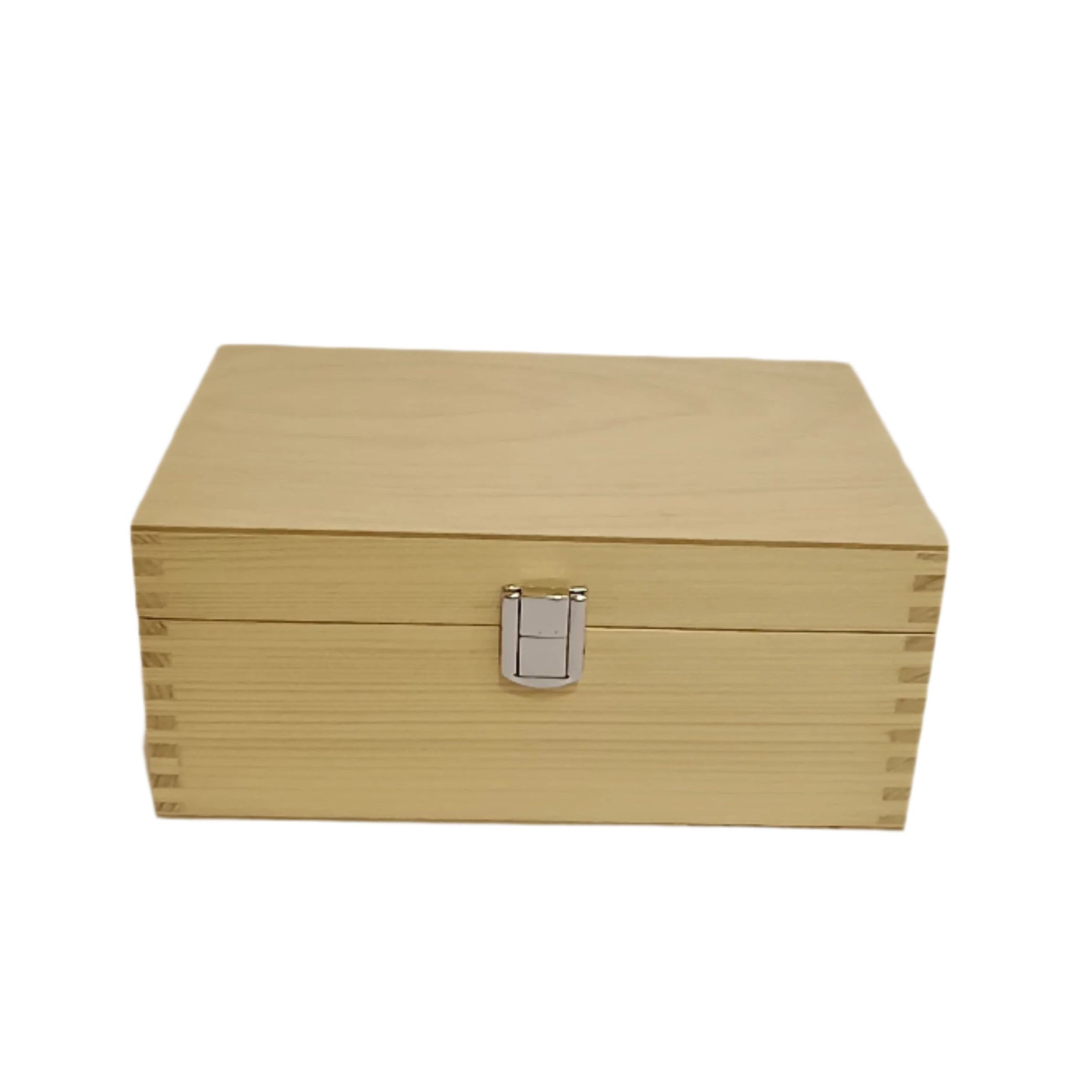 Pine wood chess storage box with a silver latch, designed for organizing chess pieces, featuring a smooth natural finish.