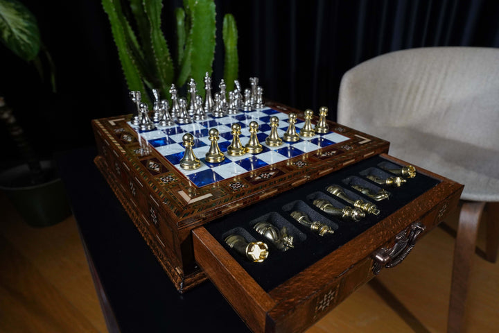 Luxury Chess Board With Storage Drawer - Blue