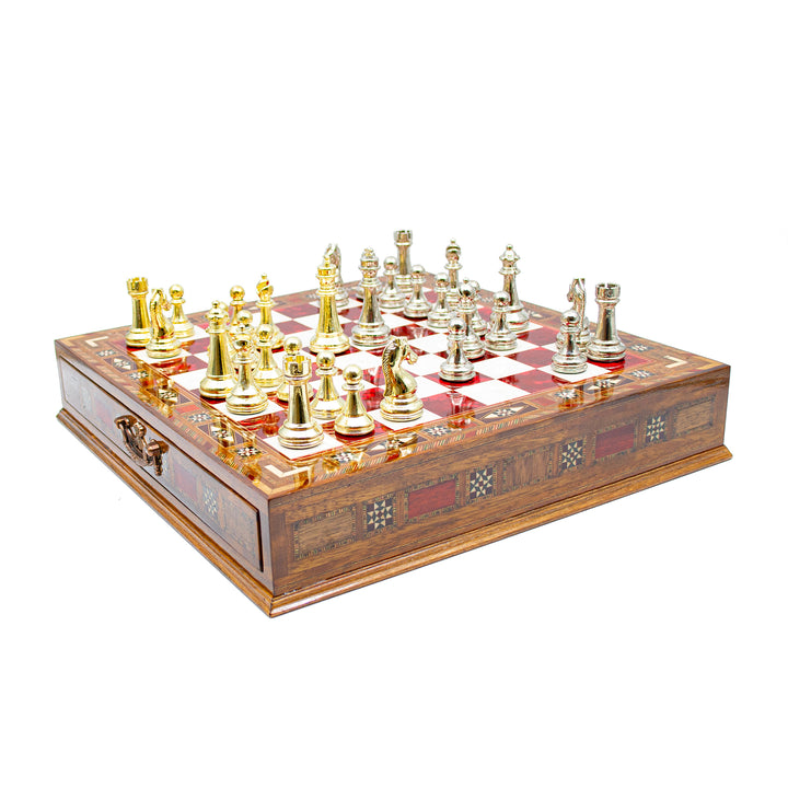 Luxury Wooden Chess Set With Storage Units And Gold And Silver Metal Chess Pieces