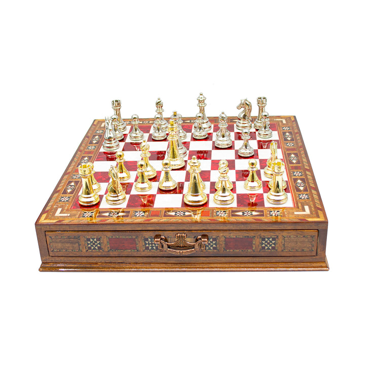 Luxury Wooden Chess Set With Storage Units And Gold And Silver Metal Chess Pieces