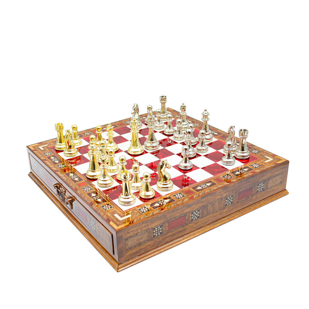 Luxury Wooden Chess Set With Storage Units And Gold And Silver Metal Chess Pieces