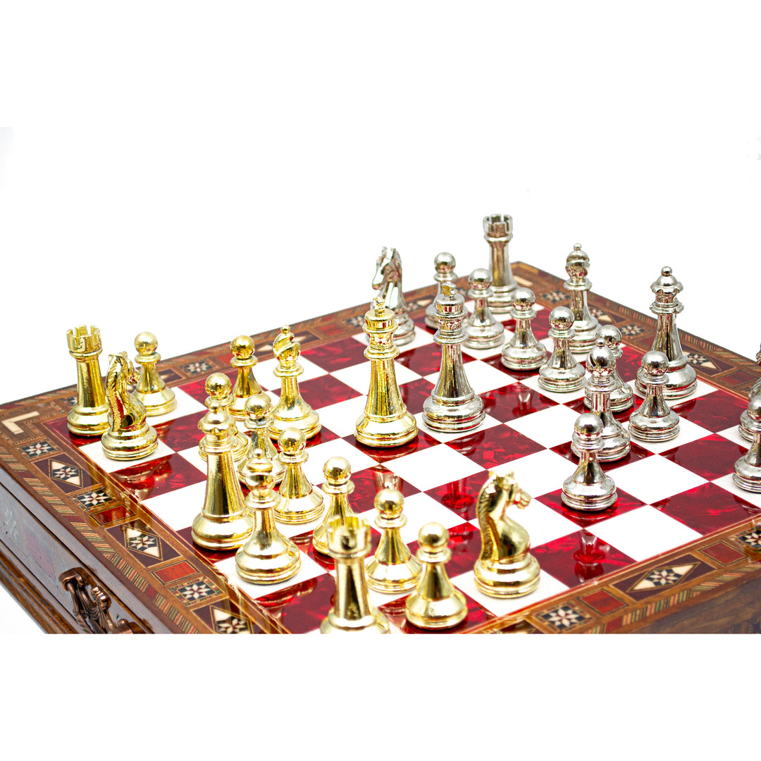 Luxury Wooden Chess Set With Storage Units And Gold And Silver Metal Chess Pieces