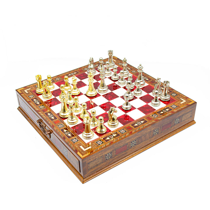 Luxury Wooden Chess Set With Storage Units And Gold And Silver Metal Chess Pieces