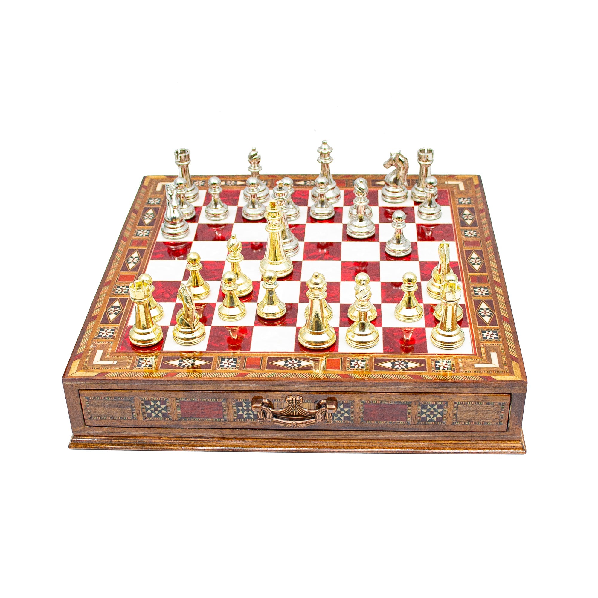 Luxury Wooden Chess Set With Storage Units - Gold And Silver Metal Chess Pieces My Chess Sets