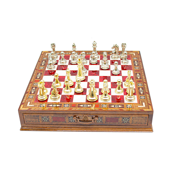 Luxury Wooden Chess Set With Storage Units And Gold And Silver Metal Chess Pieces