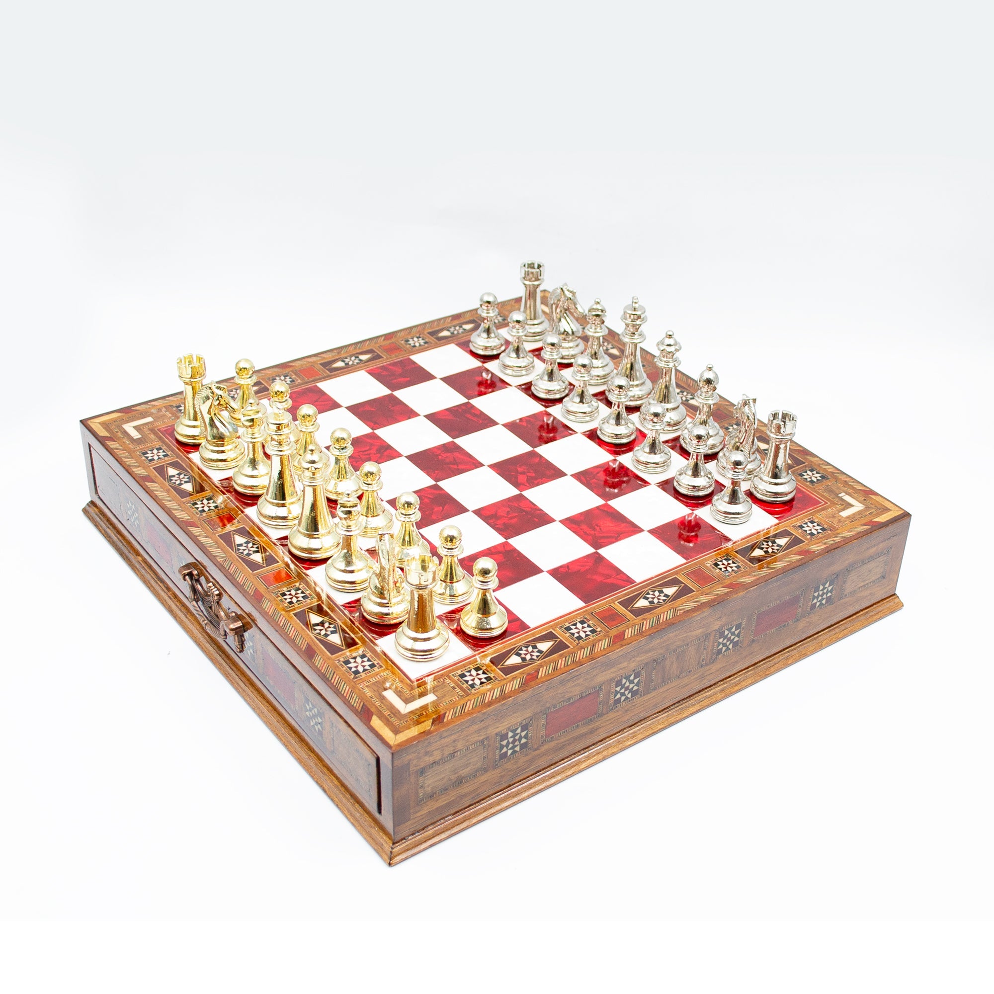 Luxury Wooden Chess Set With Storage Units - Gold And Silver Metal Chess Pieces My Chess Sets