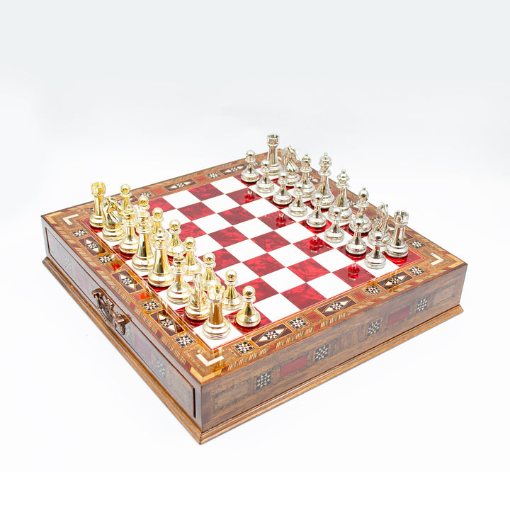 Luxury Wooden Chess Set With Storage Units And Gold And Silver Metal Chess Pieces