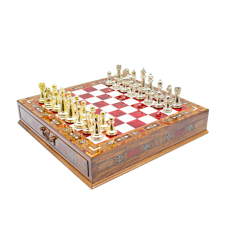 Luxury Wooden Chess Set With Storage Units And Gold And Silver Metal Chess Pieces